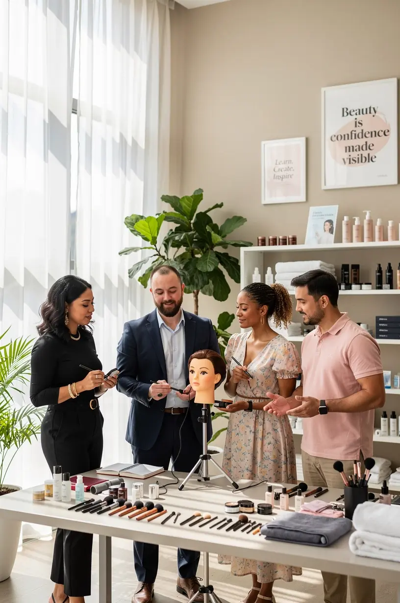 Zespół specjalistów omawiający strategie marketingu offline dla salonów kosmetycznych.